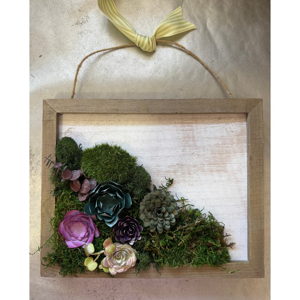 Handmade 8x10 Preserved Moss Wall Art w/ Paper Succulents Rustic Botanical Decor - Picture 5 of 12